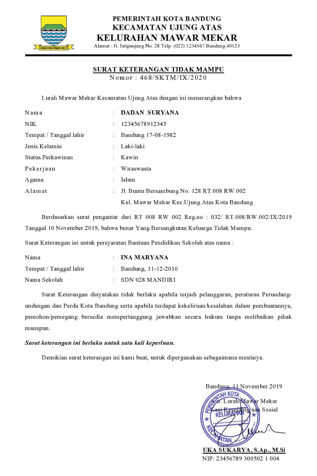 Surat SKTM Keterangan Tidak Mampu