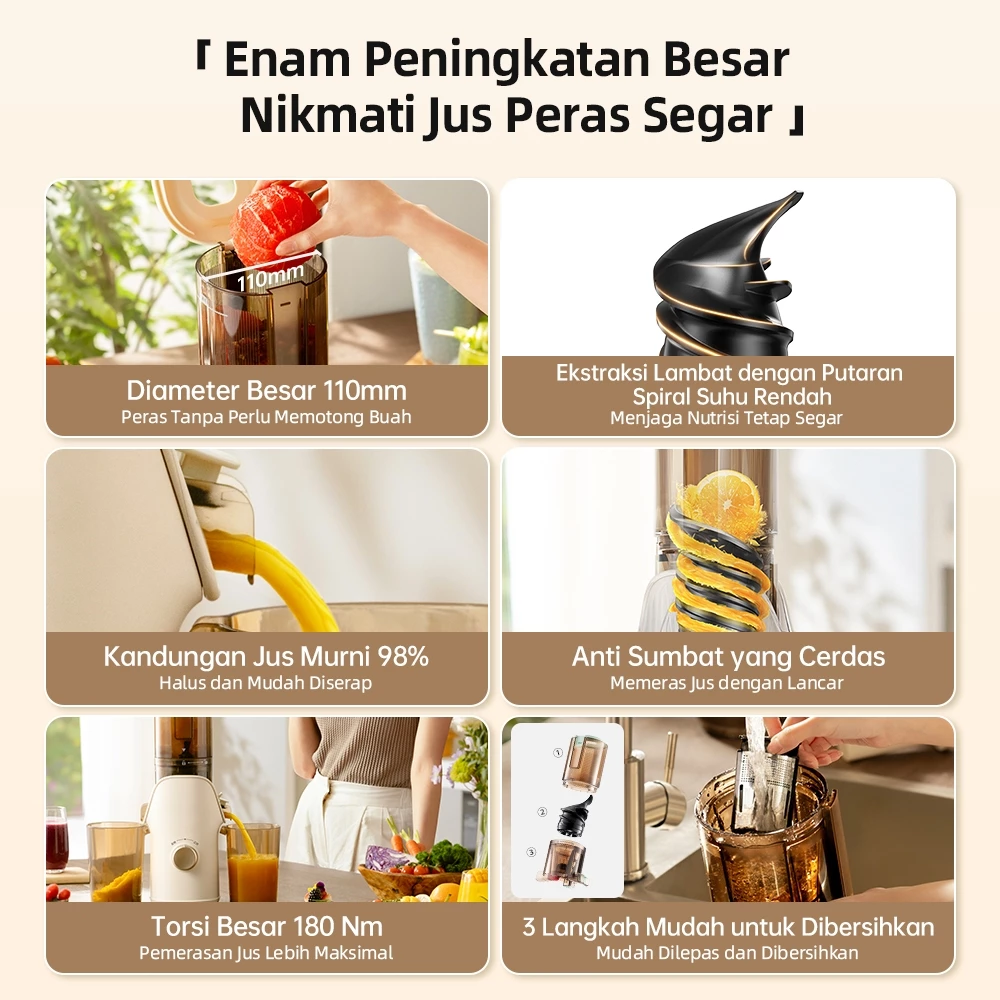 SOSEKI Slow Juicer 150W Low Watt Corong Besar 110mm Cold Press Auto Filter Easy Clean Juicer Buah Sayur Aesthetic