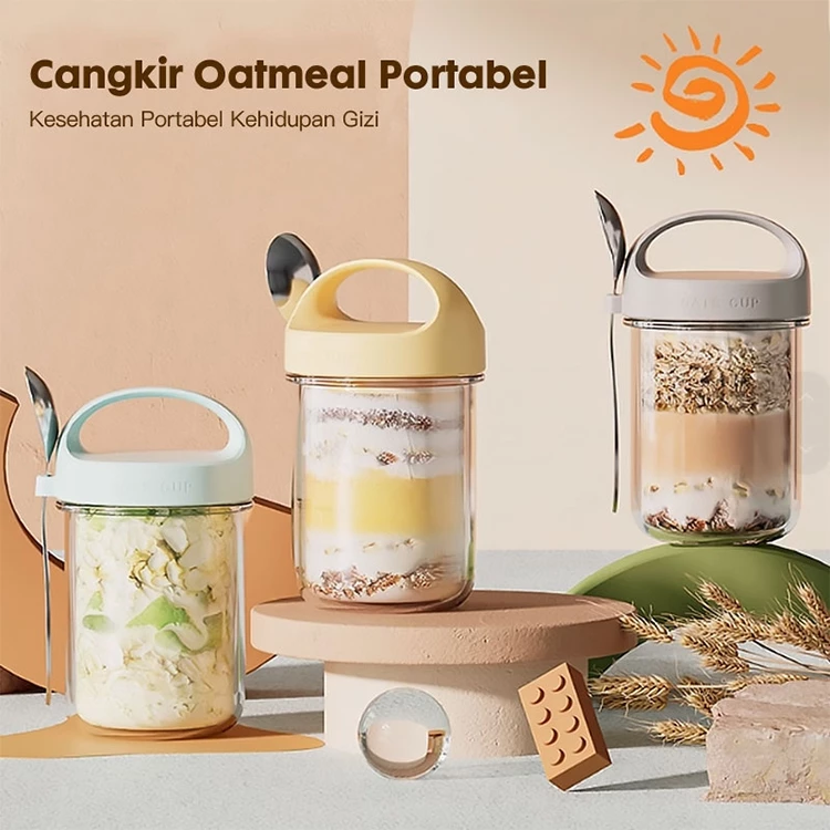 Eatkit Gelas Kaca Oatmeal 350ml Dengan Tutup Anti Tumpah Free Sendok Stainless Oat Glass Mug Salad
