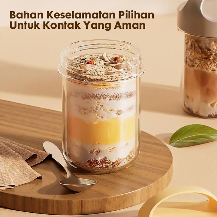Eatkit Gelas Kaca Oatmeal 350ml Dengan Tutup Anti Tumpah Free Sendok Stainless Oat Glass Mug Salad