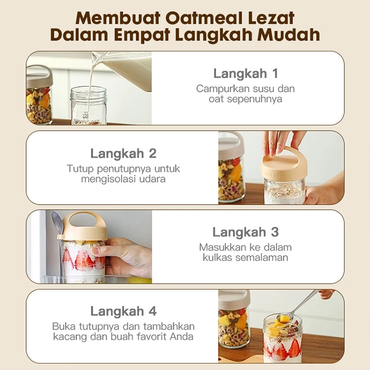 Eatkit Gelas Kaca Oatmeal 350ml Dengan Tutup Anti Tumpah Free Sendok Stainless Oat Glass Mug Salad