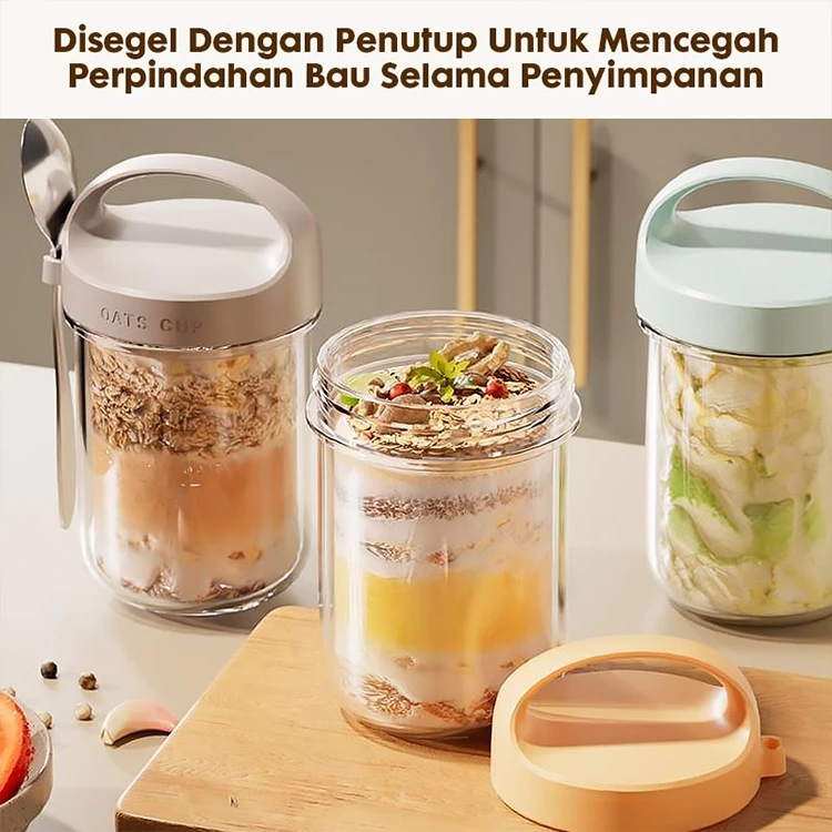 Eatkit Gelas Kaca Oatmeal 350ml Dengan Tutup Anti Tumpah Free Sendok Stainless Oat Glass Mug Salad