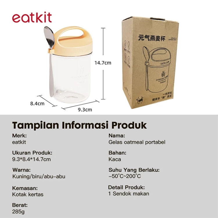 Eatkit Gelas Kaca Oatmeal 350ml Dengan Tutup Anti Tumpah Free Sendok Stainless Oat Glass Mug Salad