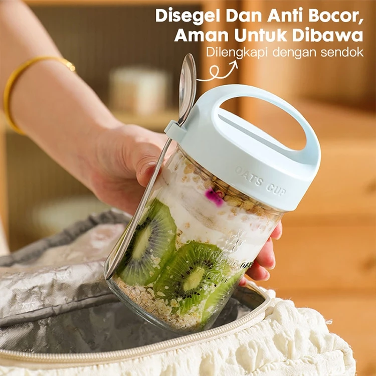Eatkit Gelas Kaca Oatmeal 350ml Dengan Tutup Anti Tumpah Free Sendok Stainless Oat Glass Mug Salad