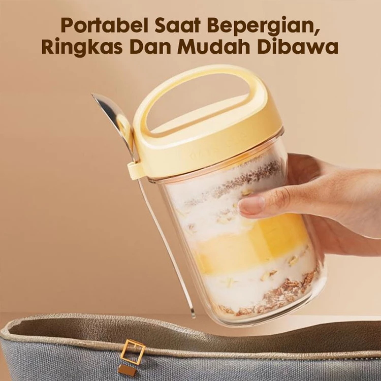 Eatkit Gelas Kaca Oatmeal 350ml Dengan Tutup Anti Tumpah Free Sendok Stainless Oat Glass Mug Salad