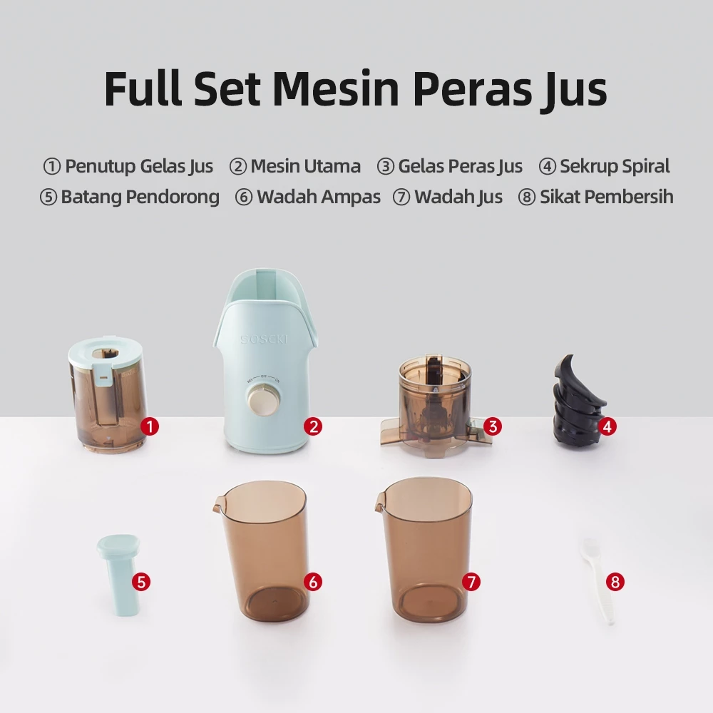 SOSEKI Slow Juicer 150W Low Watt Corong Besar 110mm Cold Press Auto Filter Easy Clean Juicer Buah Sayur Aesthetic