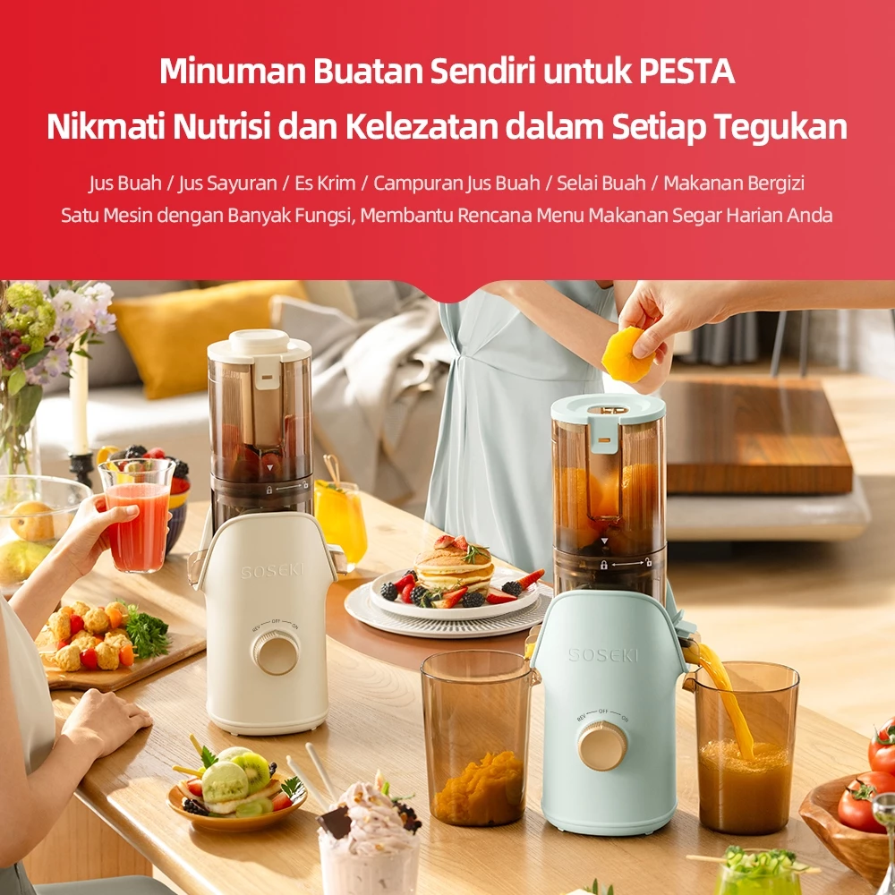 SOSEKI Slow Juicer 150W Low Watt Corong Besar 110mm Cold Press Auto Filter Easy Clean Juicer Buah Sayur Aesthetic