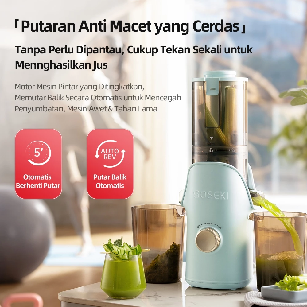 SOSEKI Slow Juicer 150W Low Watt Corong Besar 110mm Cold Press Auto Filter Easy Clean Juicer Buah Sayur Aesthetic