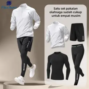 FLEXAURA Setelan Olahraga Pria 4in1 Premium Quick Dry – Half Zipper, Cocok untuk Lari, Gym, Bersepeda & Outdoor