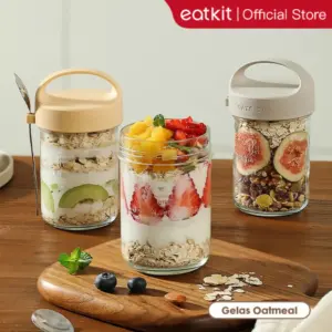 Eatkit Gelas Kaca Oatmeal 350ml Dengan Tutup Anti Tumpah Free Sendok Stainless Oat Glass Mug Salad