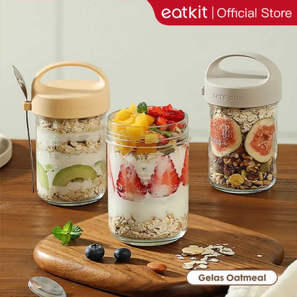 Eatkit Gelas Kaca Oatmeal 350ml Dengan Tutup Anti Tumpah Free Sendok Stainless Oat Glass Mug Salad